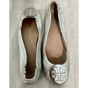 Tory Burch Minnie Travel Ballet Flats Women Silver Metallic‎ Crackle Leather 9.5
